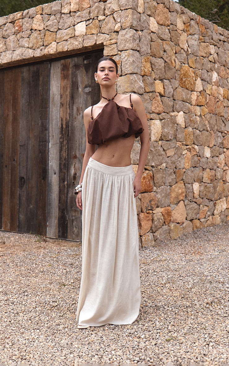 Dark Chocolate Bead Detail Strappy Halterneck Puffball Crop Top image 3