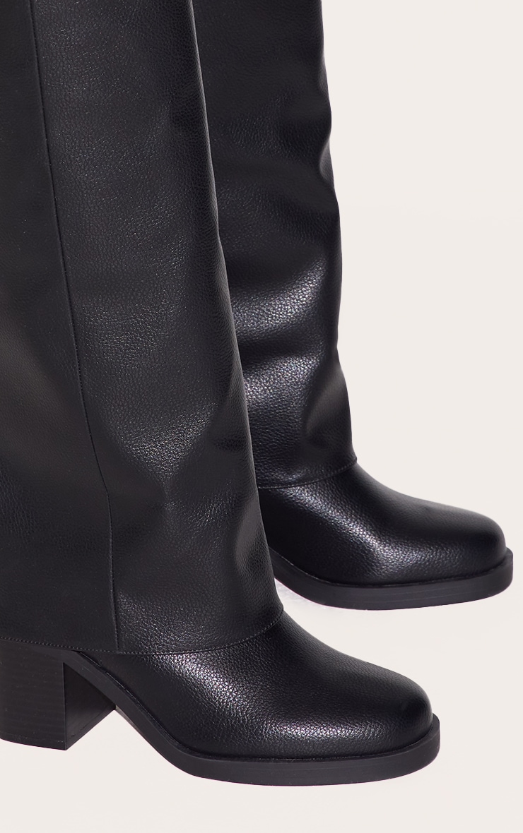 Black Pu Round Toe Fold Over Low Block Heel Boots image 4
