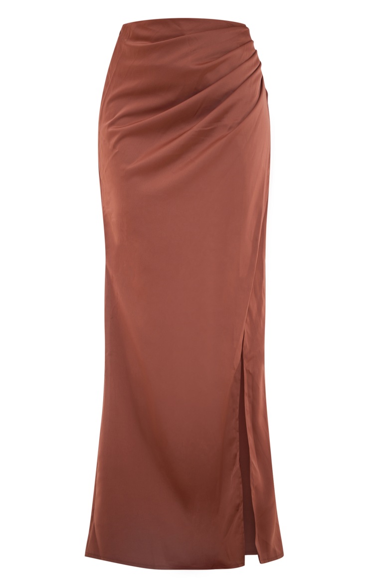 Burnt Orange Structured Satin V Front Ruched Split Front Maxi Skirt image 5