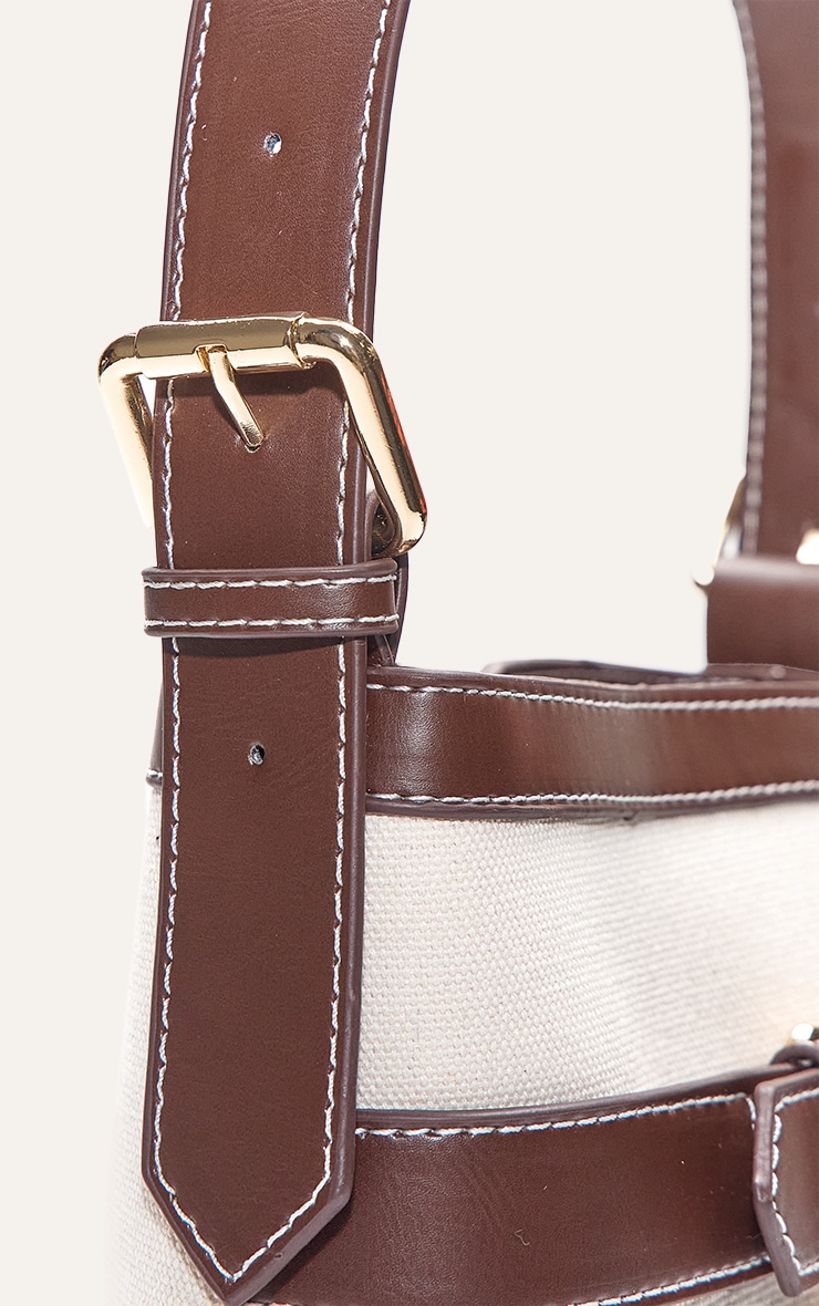 Chocolate PU Contrast Canvas Bucket Bag image 5