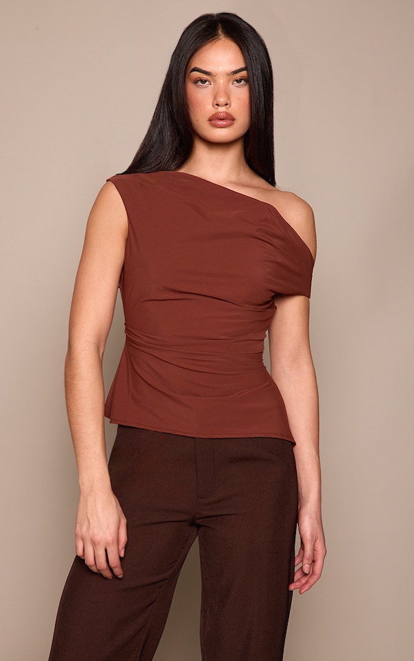 Chocolate Asymmetric Neck Drape Top 