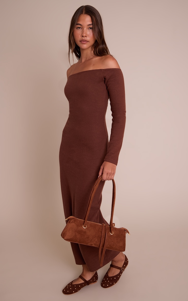 Chocolate Super Soft Bardot Long Sleeve Maxi Dress image 3