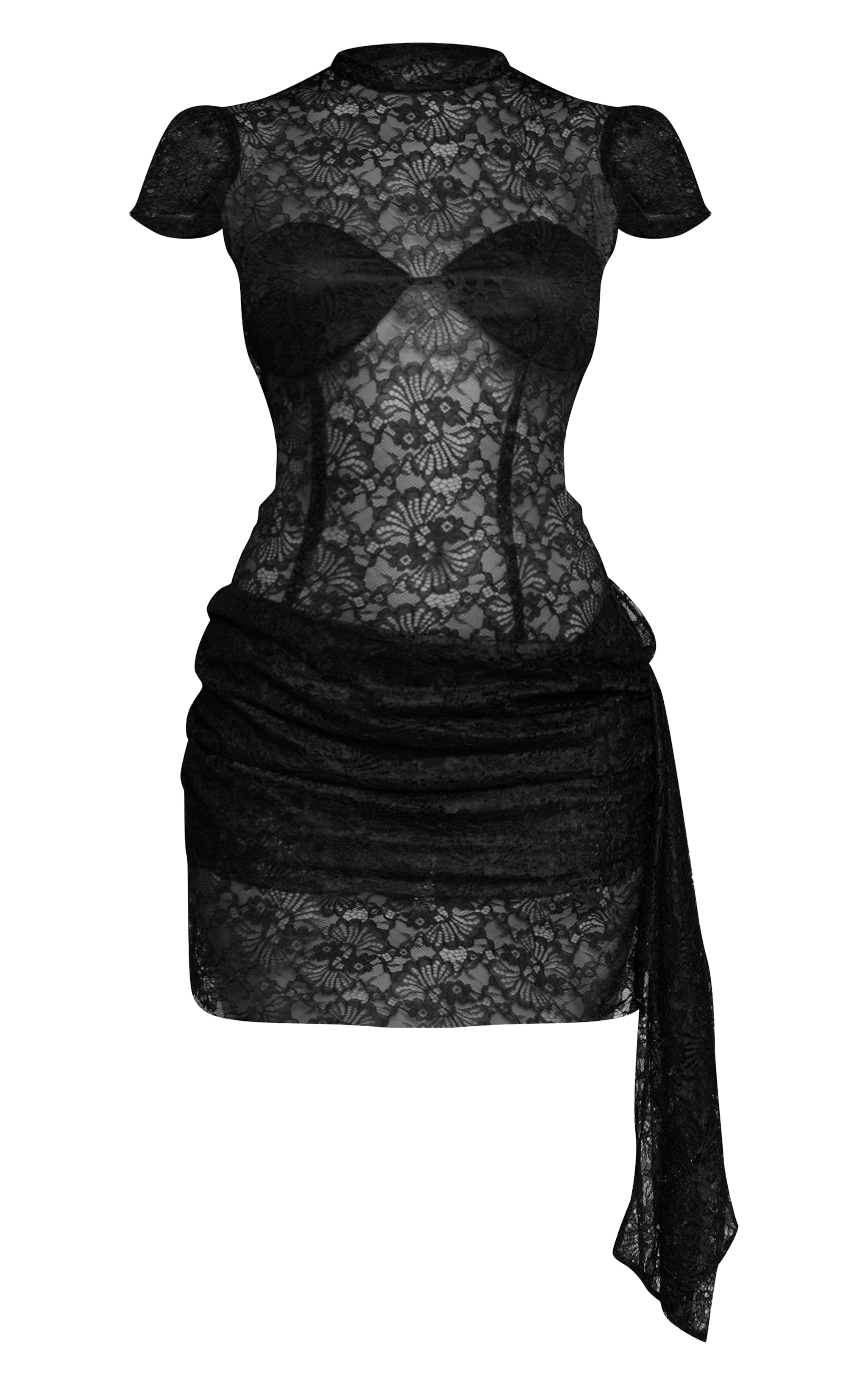 Black Lace Short Sleeve Wrap Detail Mini Dress image 5