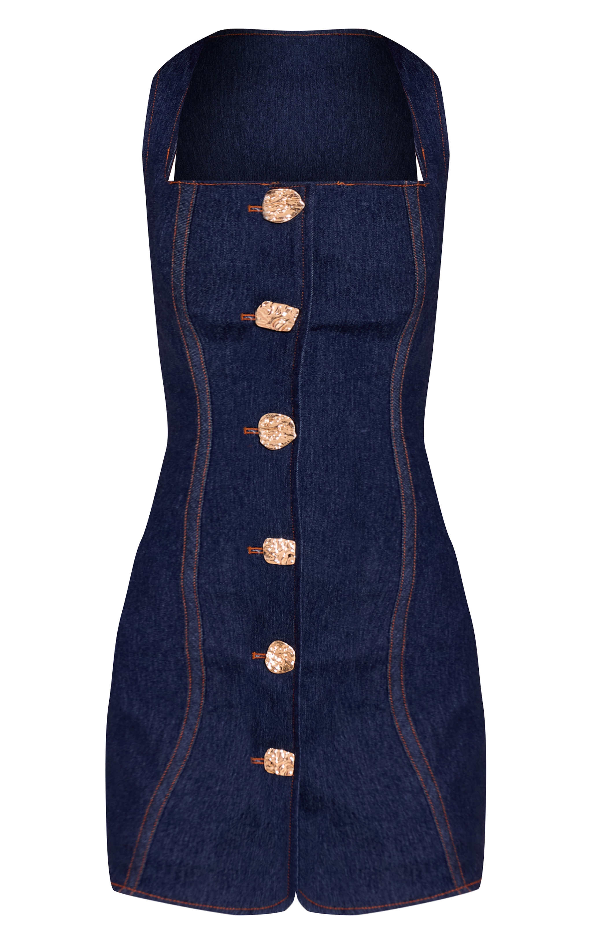Blue Chambray Gold Button Detail Square Neck Bodycon Dress image 5