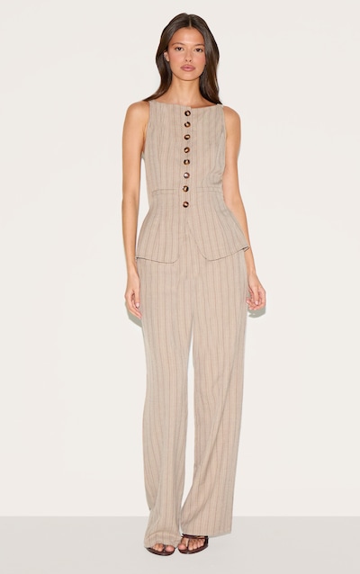 Brown Pinstripe Linen Button Down Peplum Hem Jumpsuit