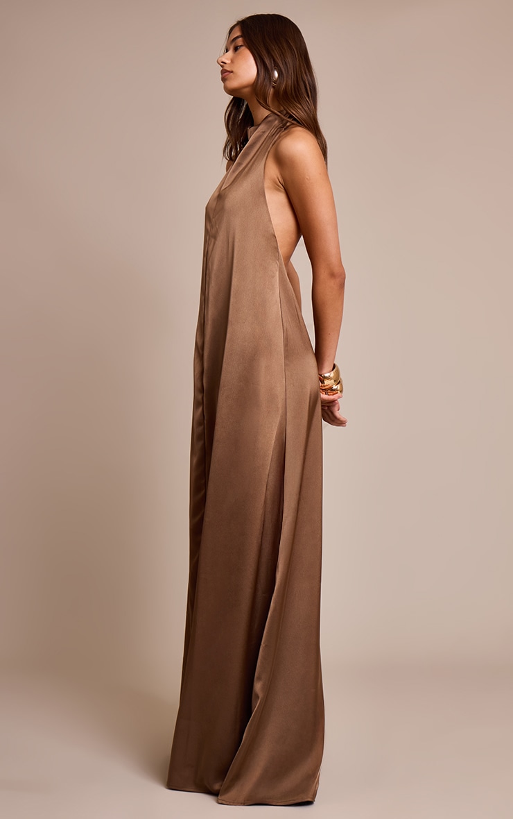 Chocolate Satin High Neck Scoop Extreme Low Back Maxi Dress image 3