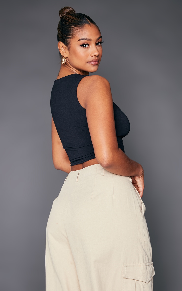 Black Soft Jersey Seam Detail Sleeveless Crop Top image 2