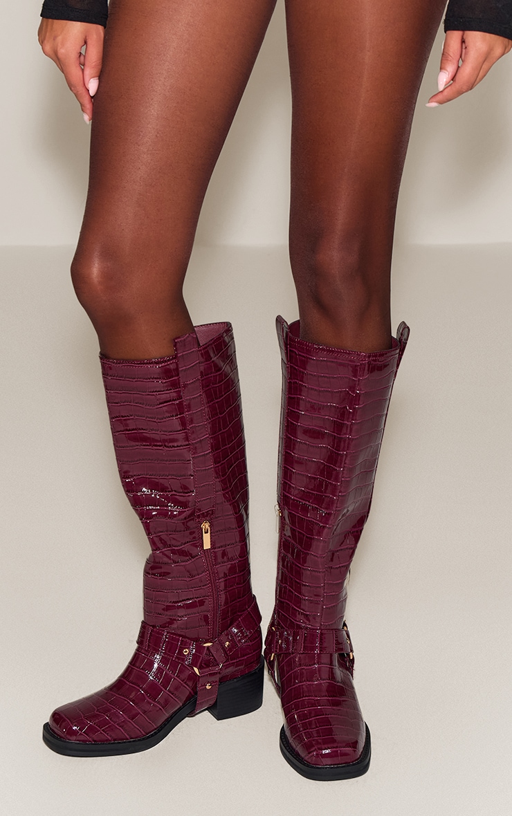 Burgundy Croc Patent Buckle Detail Knee High Boots image 1