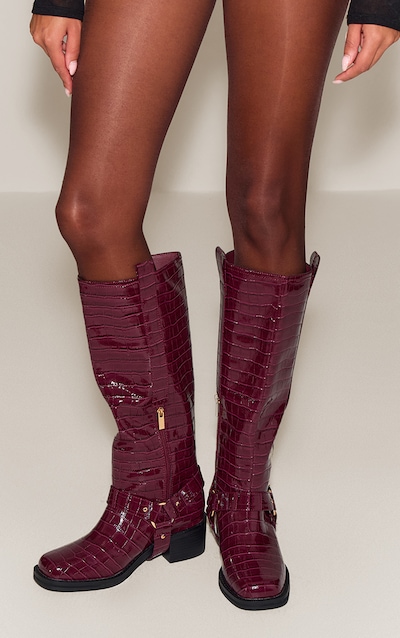 Burgundy Croc Patent Buckle Detail Knee High Boots