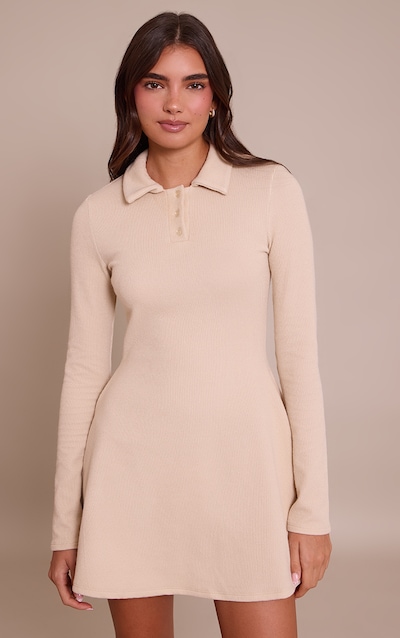 Cream Ribbed Long Sleeve Shift Dress