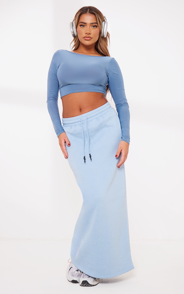 Dusty Blue Sweat Drawstring Midi Skirt