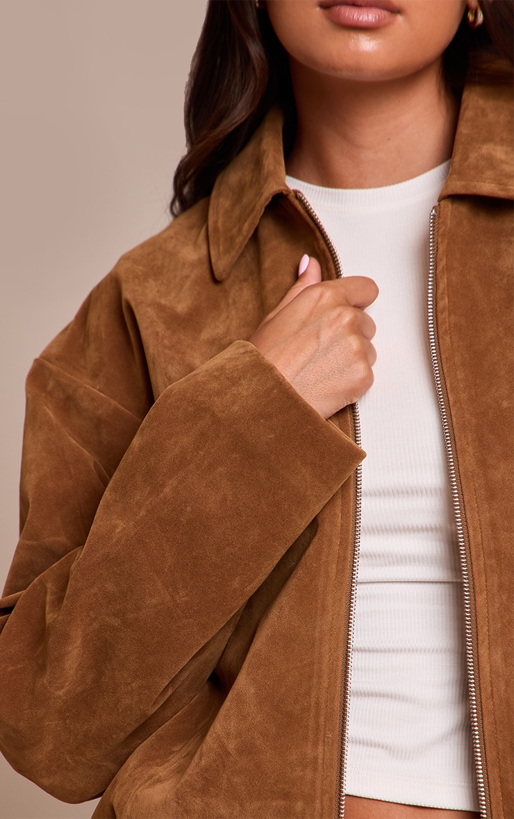 Tan Suede Zip Up Pleated Cropped Jacket image 4