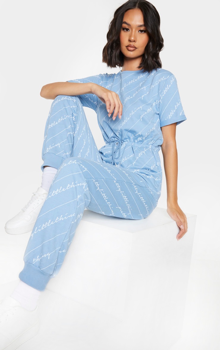 PRETTYLITTLETHING Blue Short Sleeve Sweat Jumpsuit