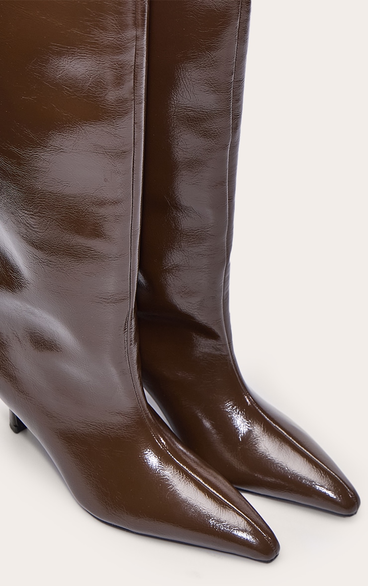 Olive Crinkle PU Kitten Heeled Knee High Boot image 5