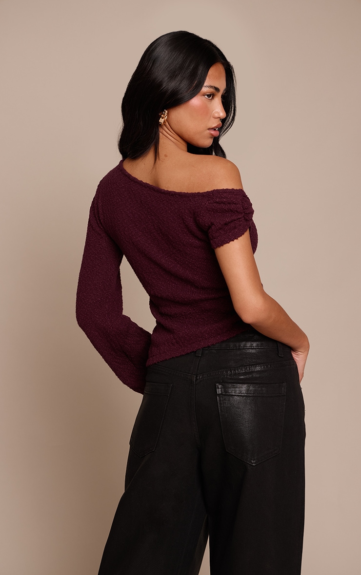 Plum Bobble Knit Trim Detail One Shoulder Top image 2