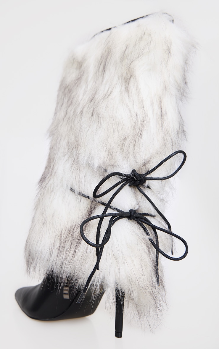 Black Pu Point Toe Faux Fur High Stiletto Calf High Boots image 4