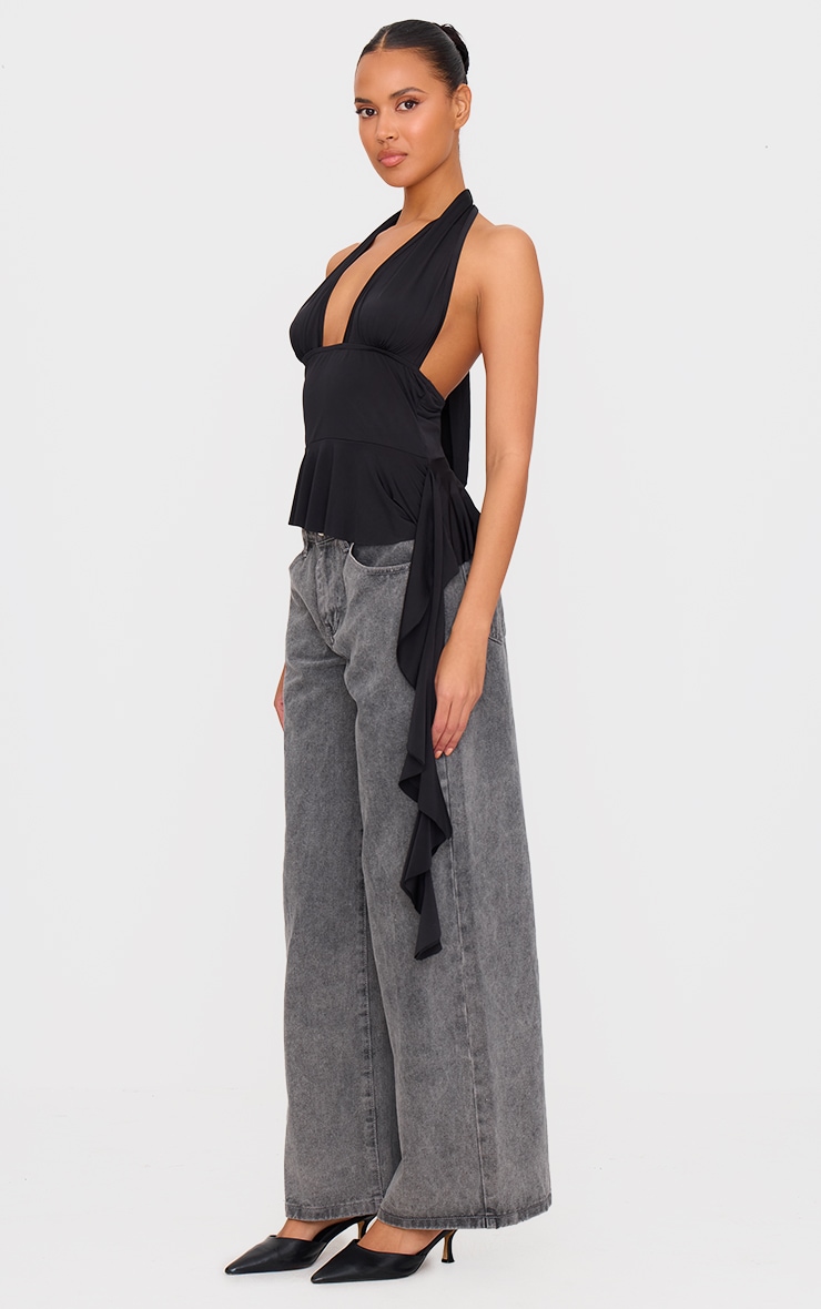 Black Slinky Ruffle Detail Halterneck Long Top image 3