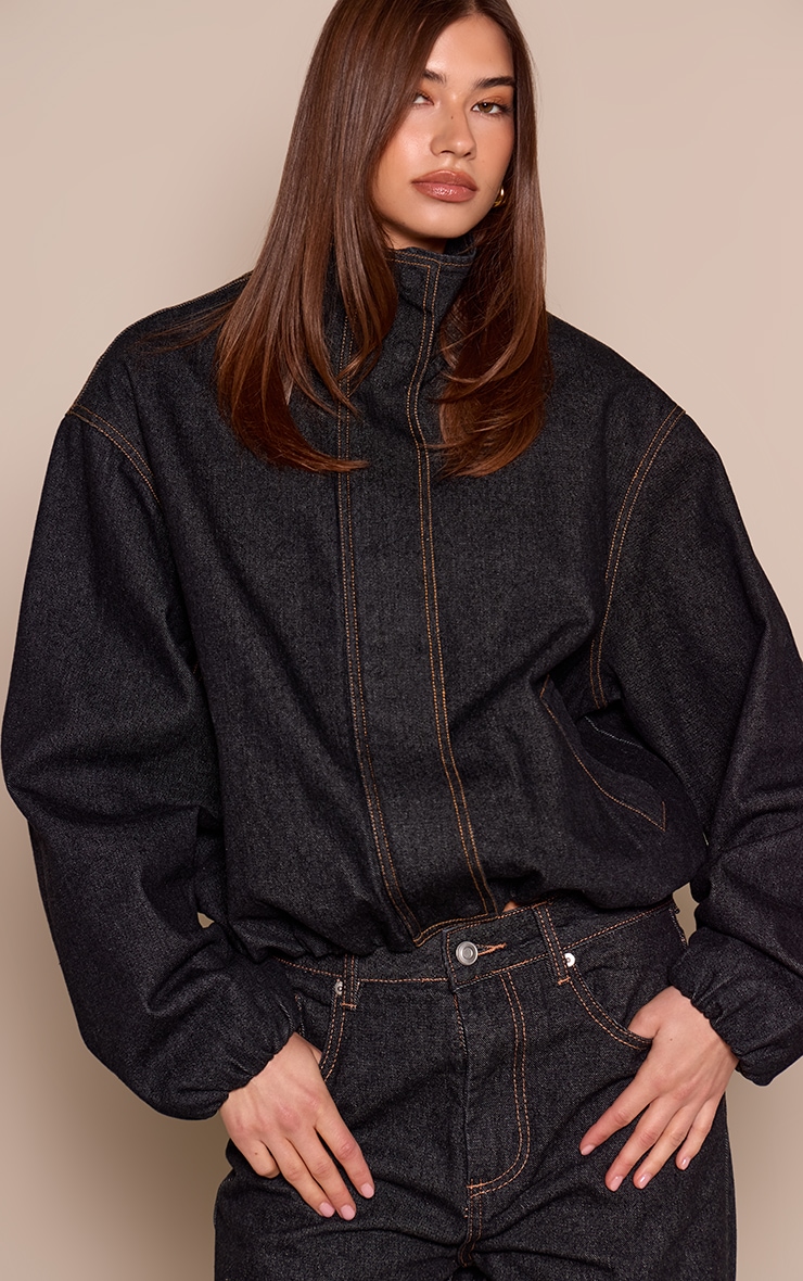 Raw Indigo Funnel Neck Concealed Placket Denim Jacket