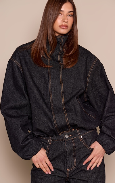 Raw Indigo Funnel Neck Concealed Placket Denim Jacket