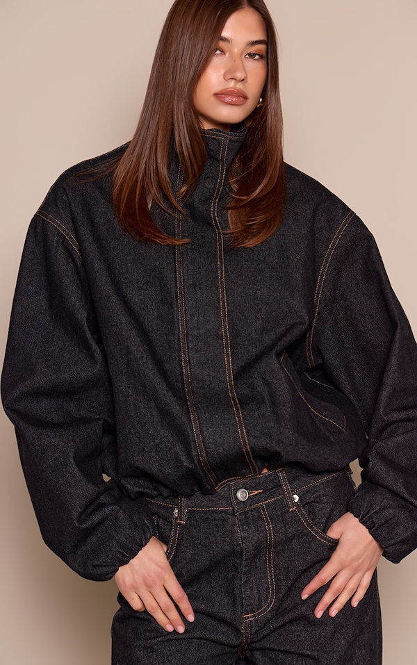 Raw Indigo Funnel Neck Concealed Placket Denim Jacket 