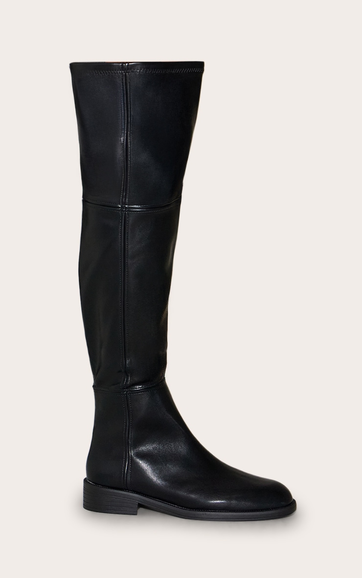 Black PU Round Toe Riding Knee High Boot image 2