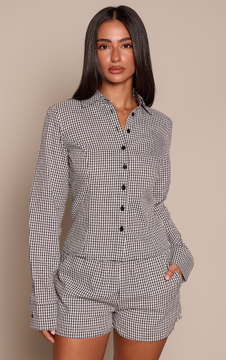 Petite Black Gingham Button Up Fitted Long Sleeve Shirt image 1