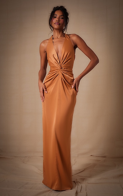 Copper Bridesmaid Satin Twist Plunge Halterneck Maxi Dress