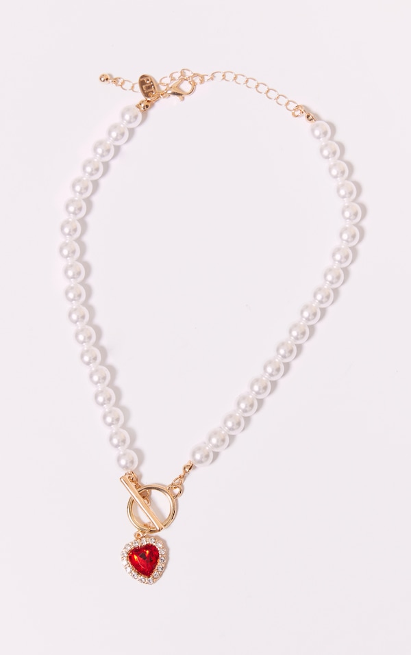 Red Diamante Heart Pearl Choker Accessories PrettyLittleThing