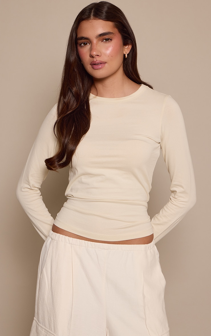 Cream Wash Soft Cotton Crew Neck Longline Long  Sleeve Top image 1
