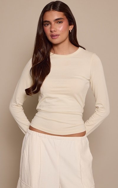 Cream Wash Soft Cotton Crew Neck Longline Long Sleeve Top