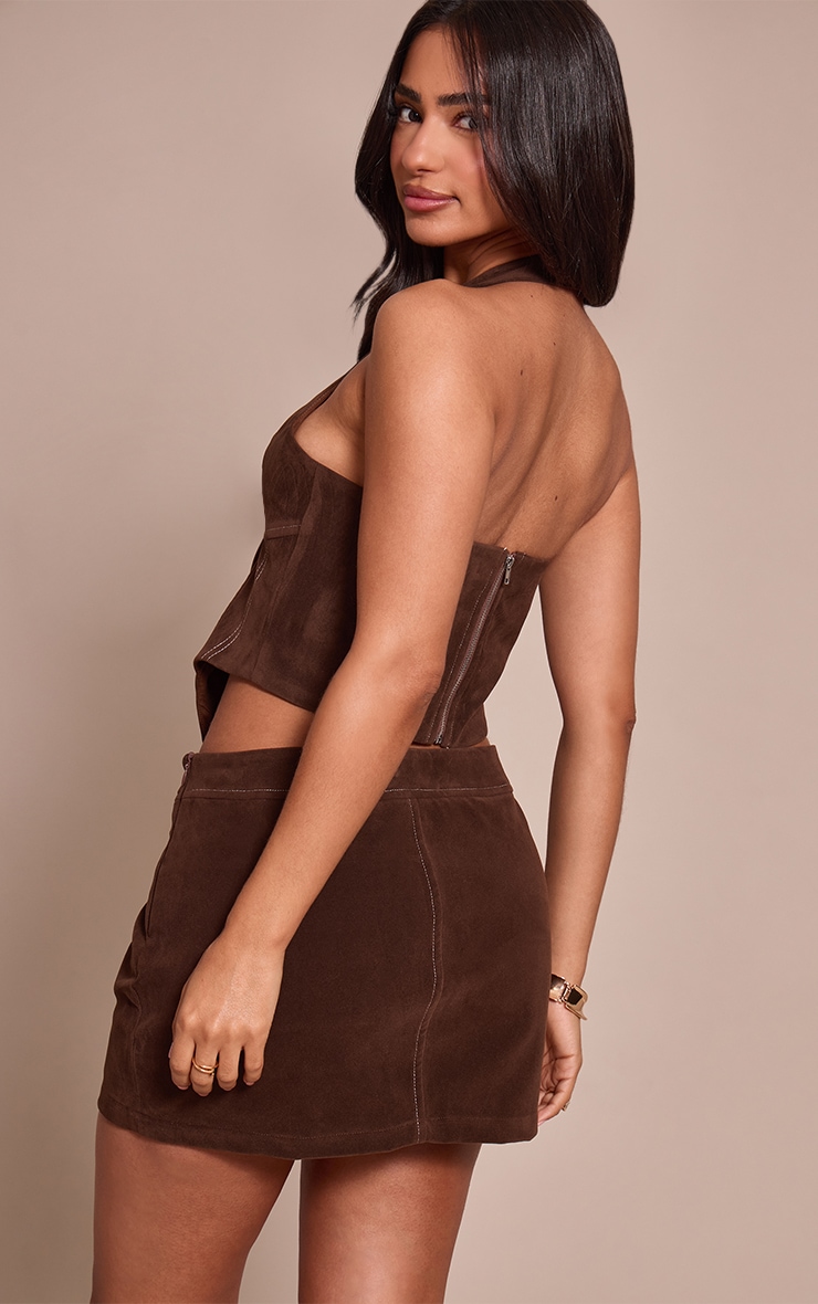 Petite Chocolate Suede Halterneck Corset Top image 2