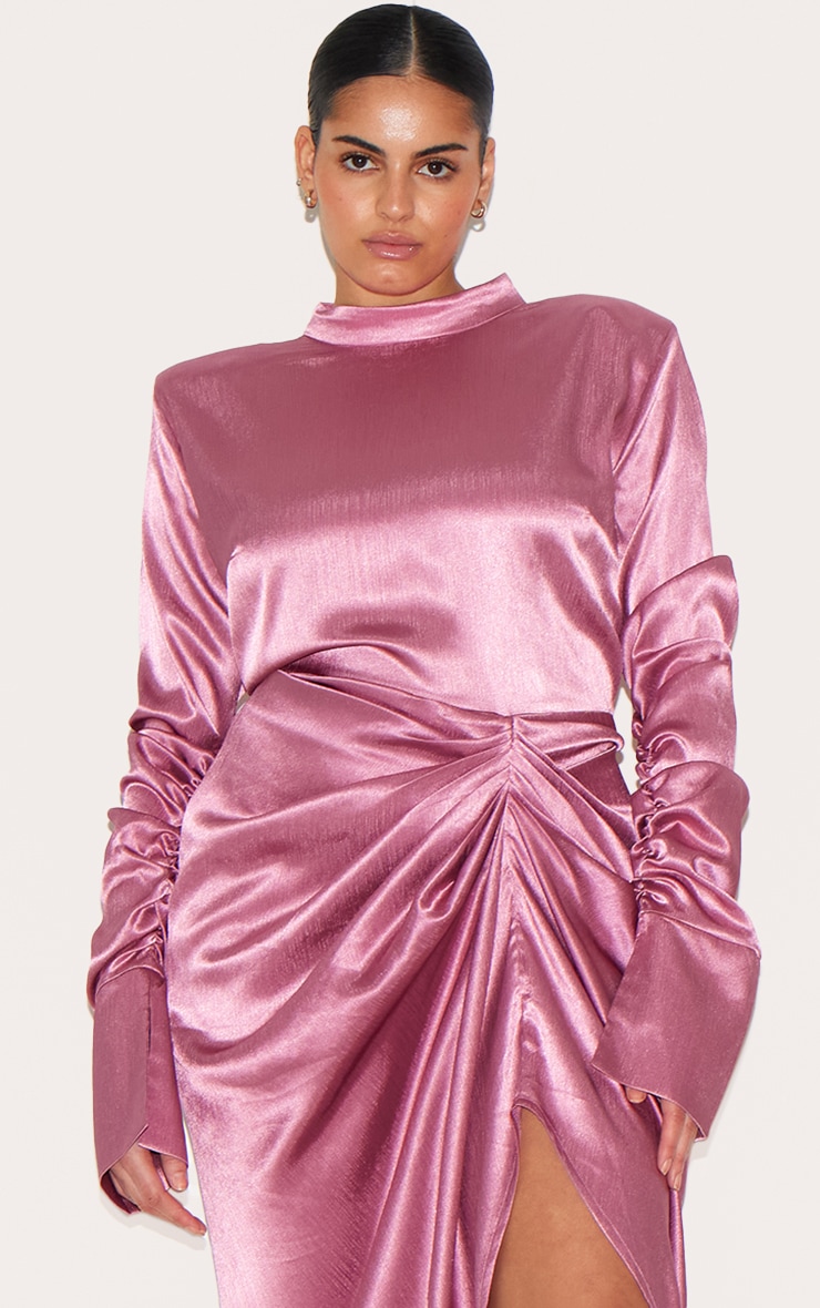 Plus Deep Rose High Neck Ruching Detail Satin Midi Dress image 4