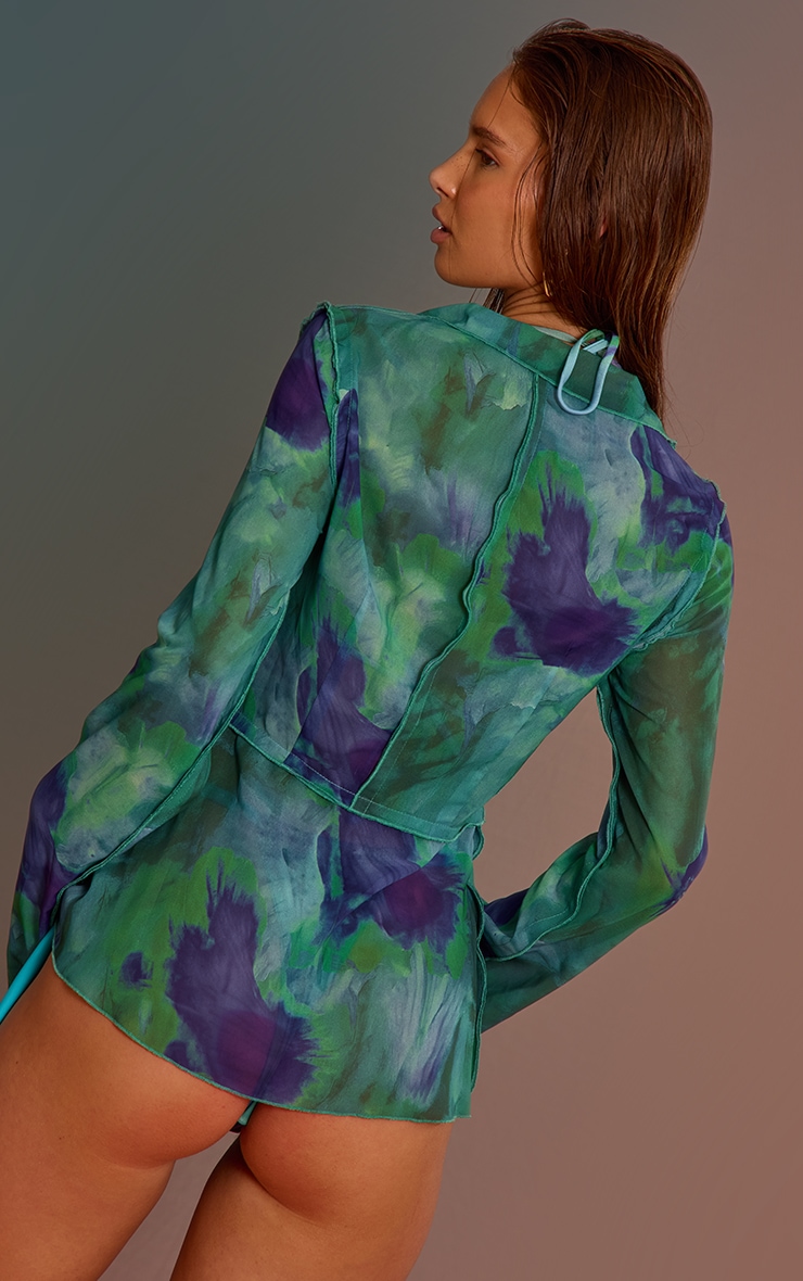 Emerald Green Ombre Print Long Sleeve Tie Front Beach Shirt image 2