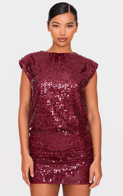 Burgundy Sequin Shoulder Pad Sleeveless Bodycon Dress
