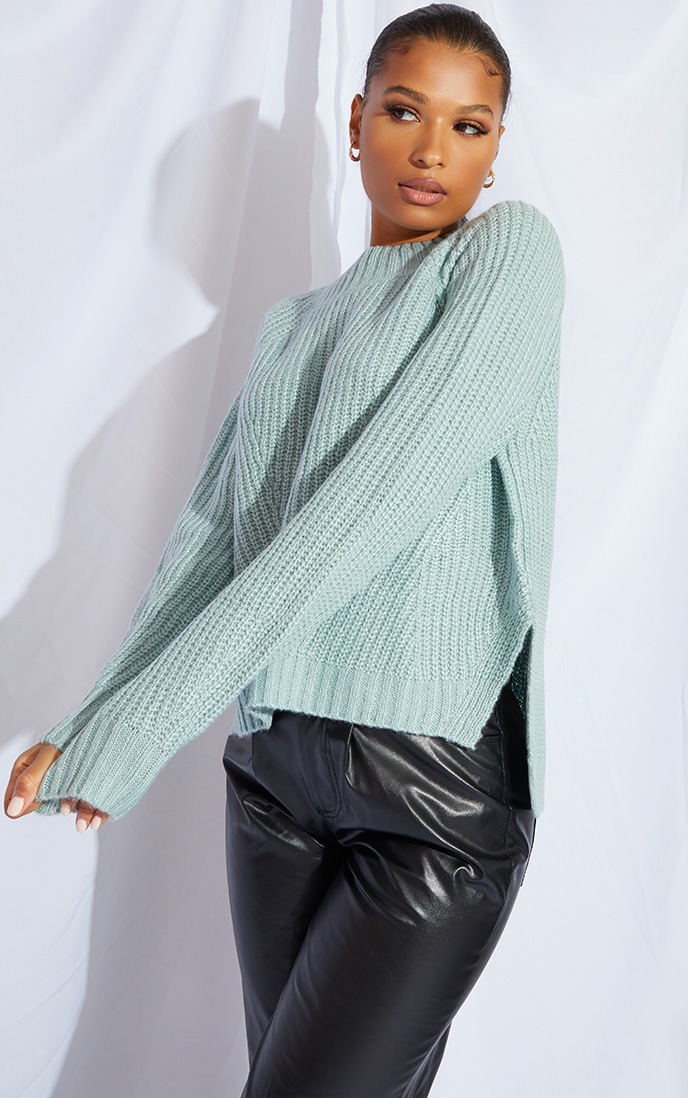 Mint Soft Knit Balloon Sleeve Funnel Neck Jumper