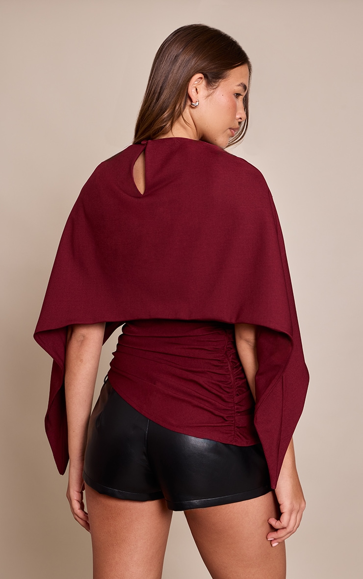 Plum Woven Cape Detail Ruched Long Top image 2