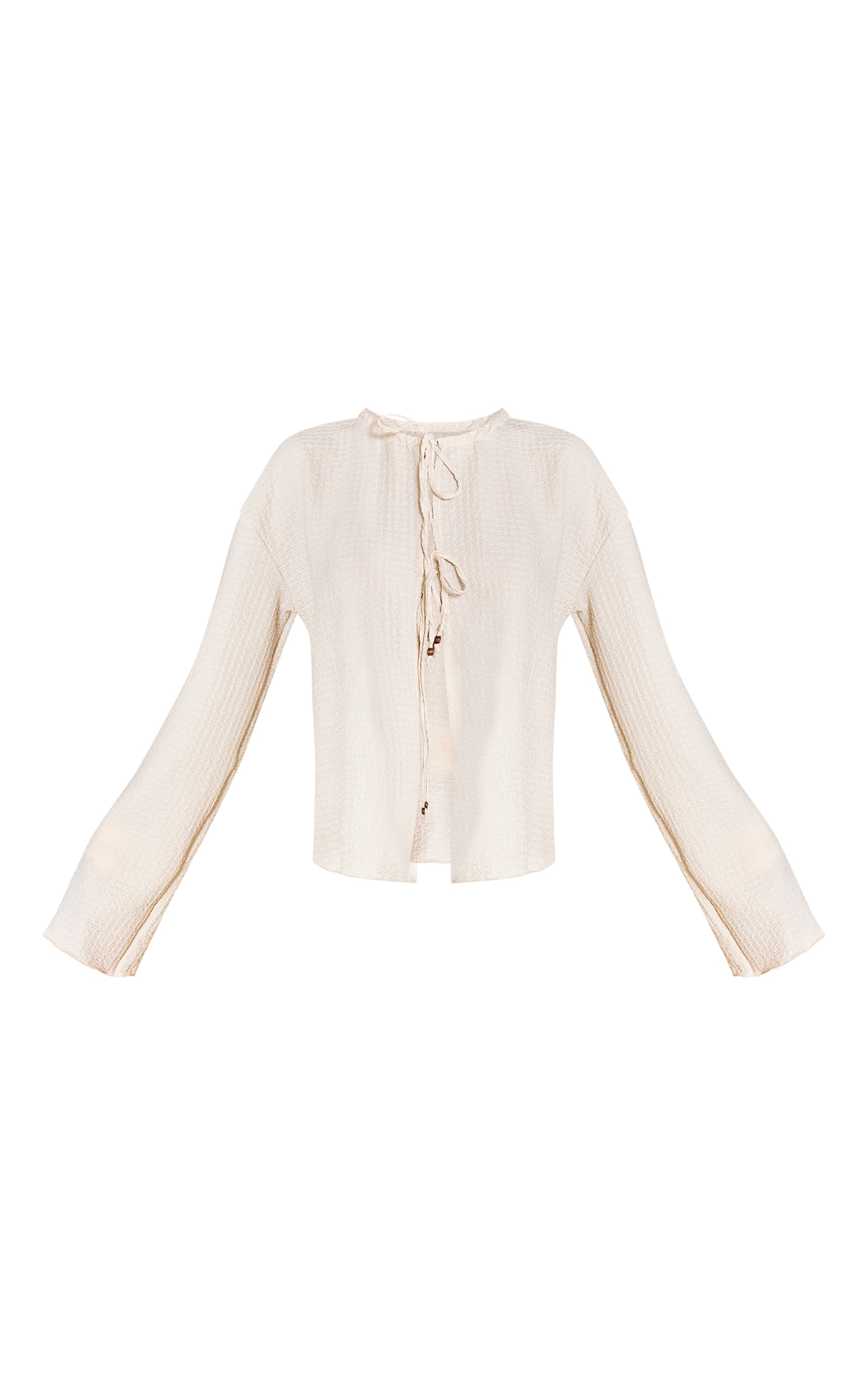 Cream Textured Tie Front Bead Detail Long Sleeve Top image 5