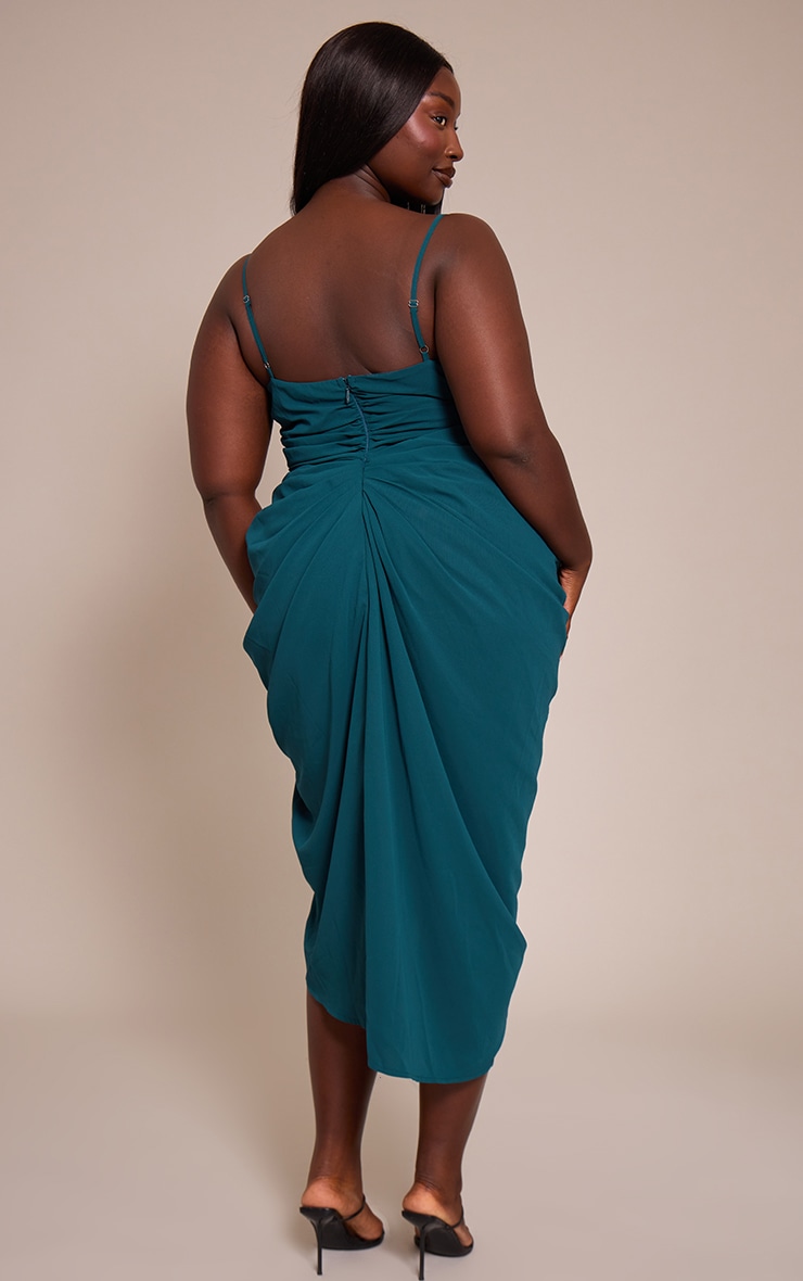 Plus Emerald Green Chiffon Ruched Drape Midi Dress image 2
