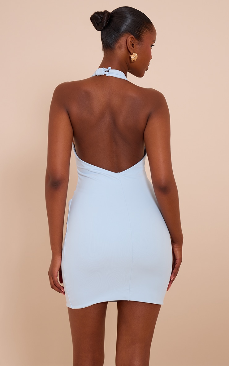 Baby Blue Soft Touch Halter Neck Trim Detail Ruched Mini Dress image 2