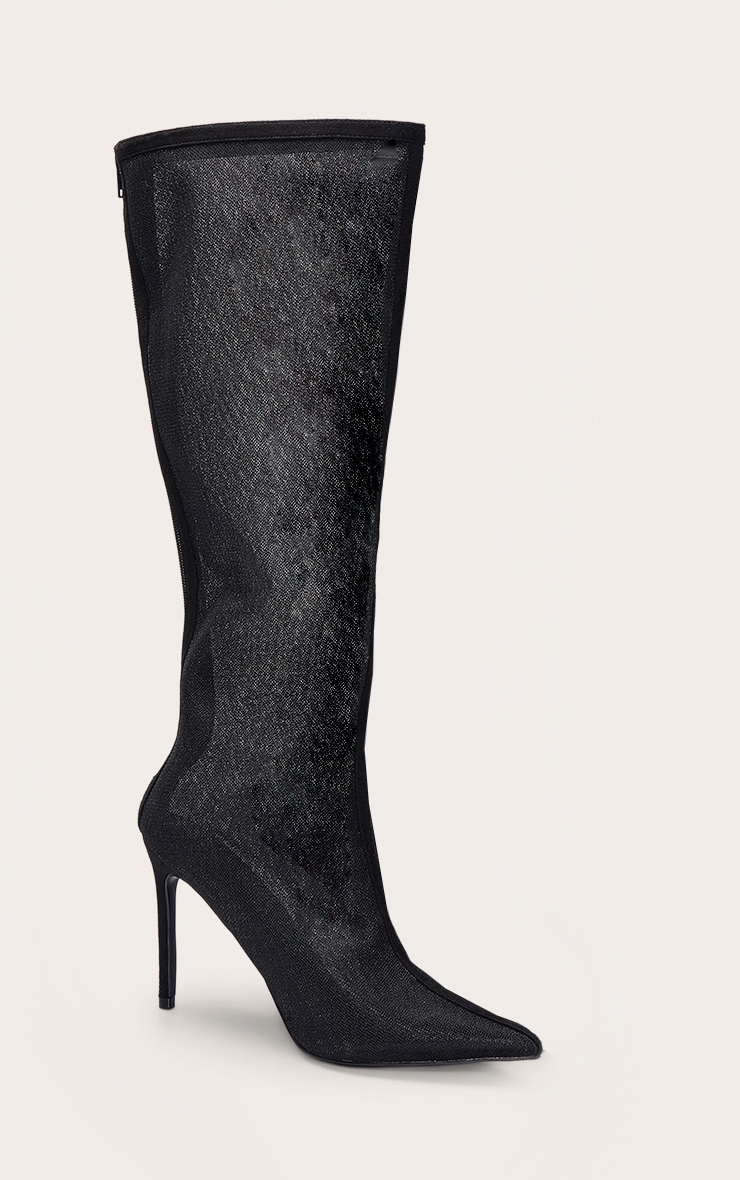 Black Mesh Heeled Knee High Boot image 3