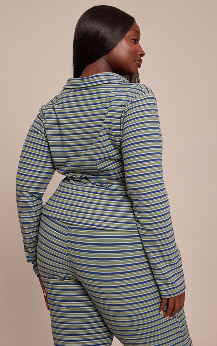 Plus Pinstripe Green Collar Detail Long Sleeve Top image 2