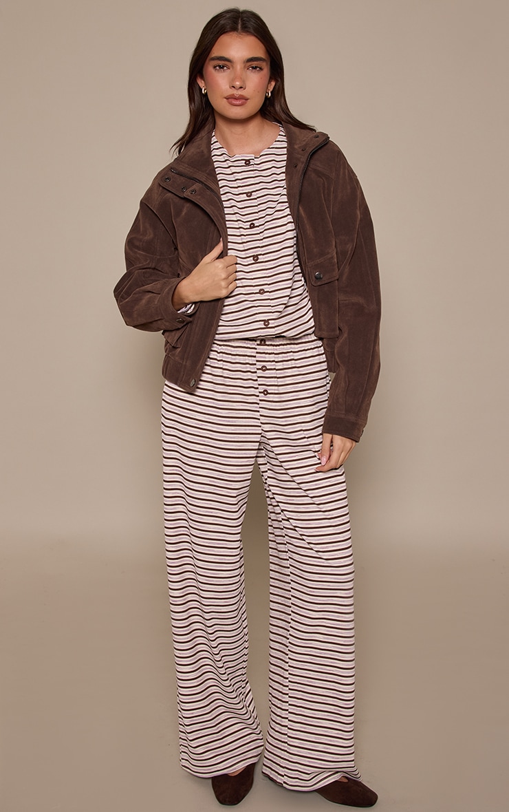 Dark Brown Stripe Soft Rib Relaxed Elasticated Trousers image 1