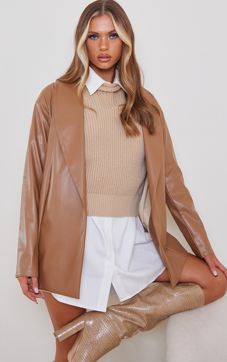 Tan Drop Collar Faux Leather Blazer image 1