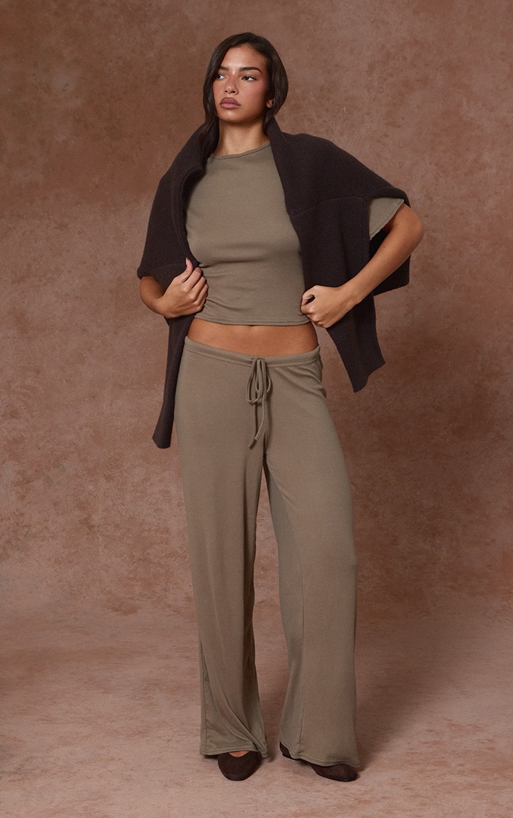 Dark Taupe Soft Touch Tie Waist Casual Trousers image 1