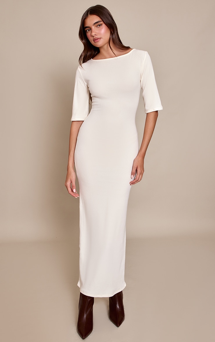 Cream Boat Neck Short Sleeve Maxi Dress image 1