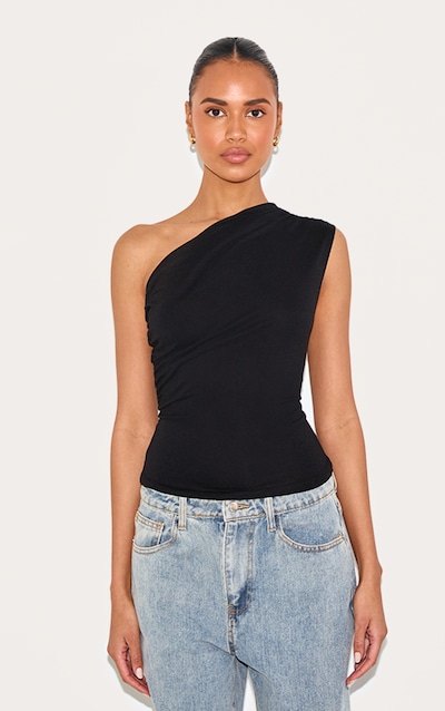 Top long asymétrique en coton doux noir à épaule unique