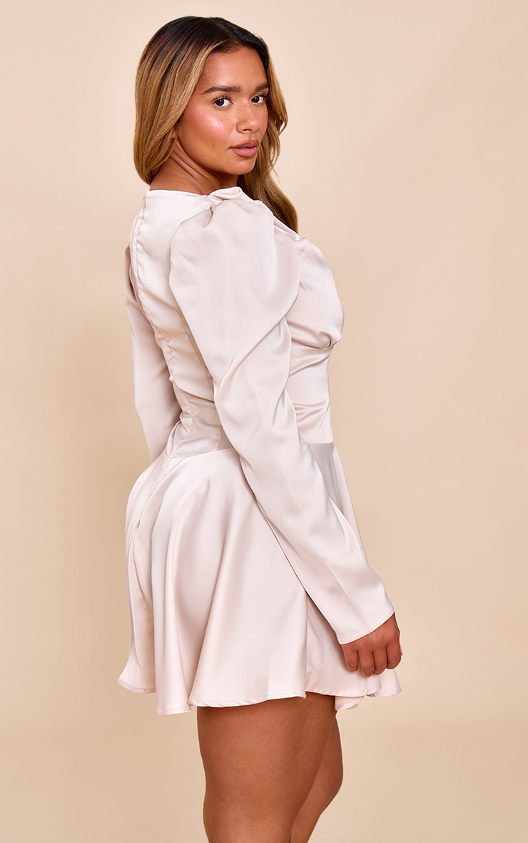 Shape Cream Satin Boat Neck Cinched Waist Skater Mini Dress image 2