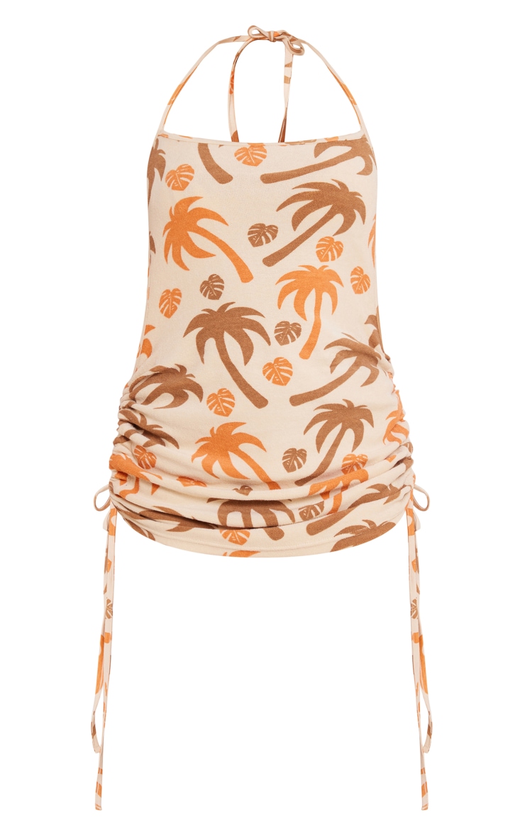  Cream Leaf Print Toweling Backless Beach Dress image 1