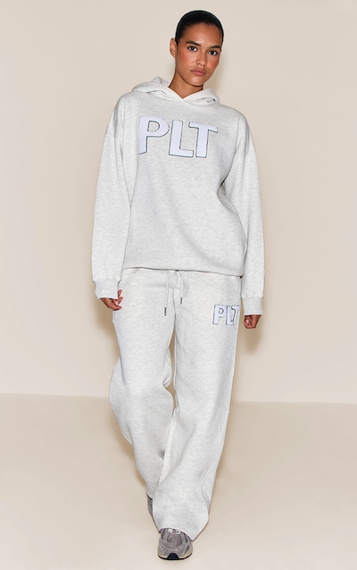 Ash Grey Plt Borg Applique Wide Leg Track Pants