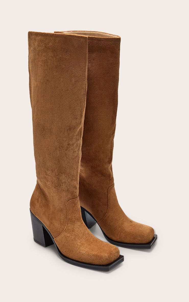 Bottes hautes carrées en suédine marron clair à talon carré haut image 3